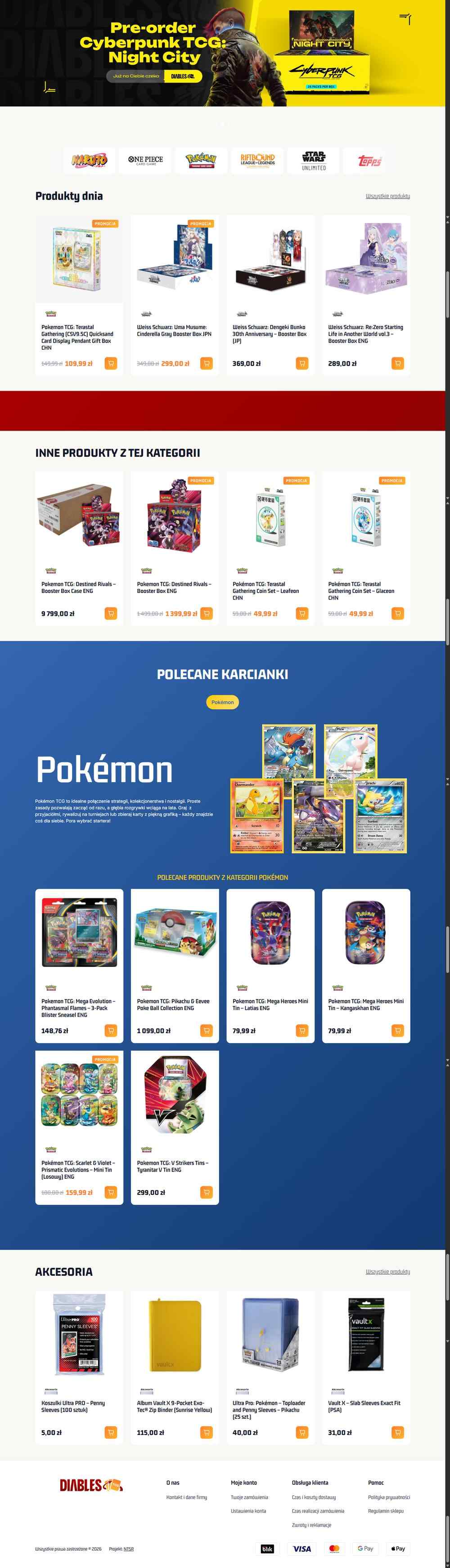 Projekt strony internetowej Diables TCG - podgląd układu strony